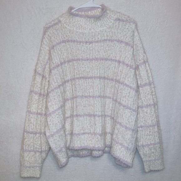 Ophelia Roe Fuzzy Eyelash Knit Cream Purple Glitter Stripe Mock Neck Sweater 1X - Picture 1 of 7